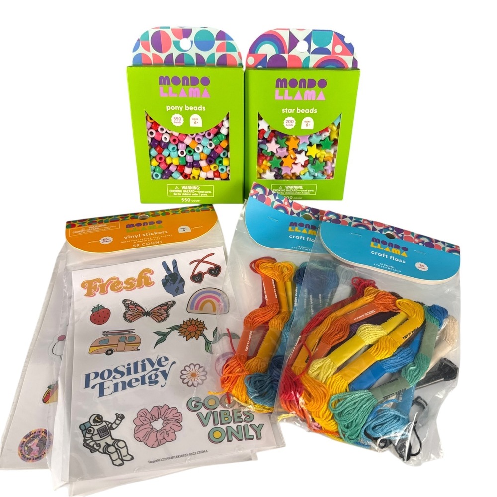 Mondo Llama Craft Bundle Pony & Star Beads Embroidery Floss Vinyl Stickers I72Q